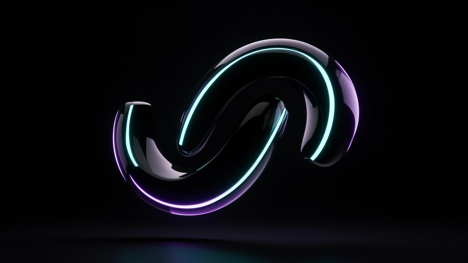 Sculptură 3D abstractă cu accente neon, simbol al designului digital ireal